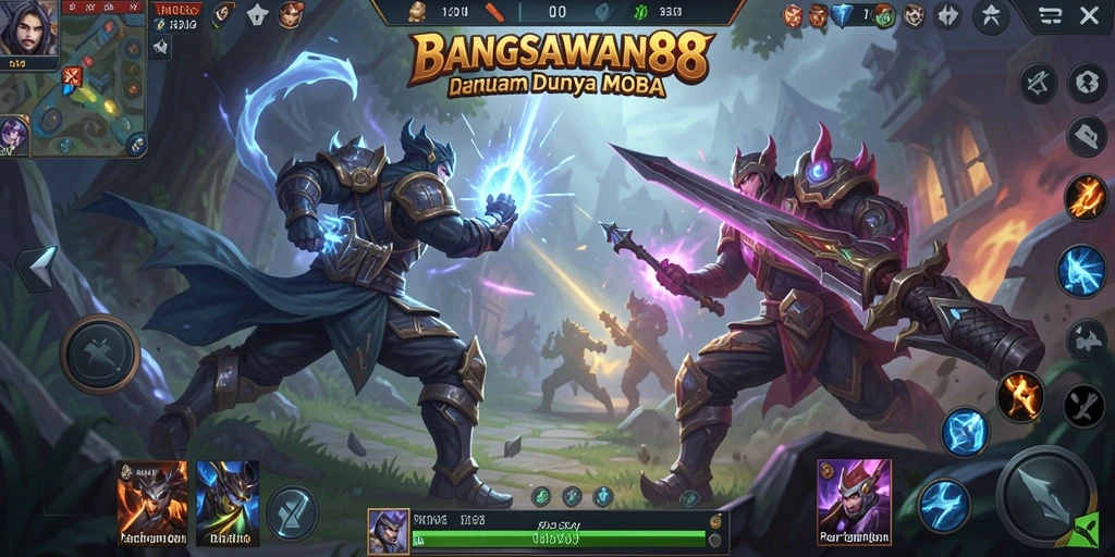 Tangkapan layar utama dari permainan BANGSAWAN88 yang menunjukkan aksi MOBA yang intens.